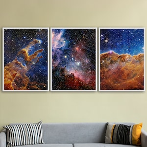 Conjunto de 3 impressões em tela emolduradas de James Webb, pôsteres espaciais, imagens do telescópio espacial James Webb da NASA, Nebulosa Carina, grande impressão de arte de parede em tela