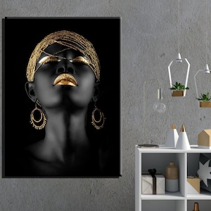 African Wall Art Canvas, Gold-Lipped Girl Canvas, Black Woman Wall Art Canvas, Single Panel Wall Decor,Ethnic Canvas, Black Girl Gold Canvas