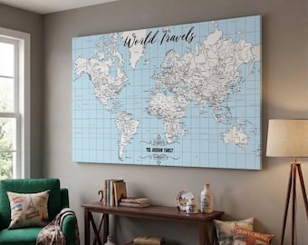 Personalized Canvas Push-Pin World Map: Travel Map Wall Decor