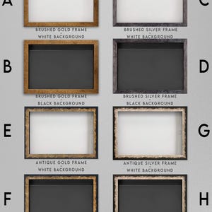 May include: A chart displaying eight rectangular frames labeled A through H, featuring brushed gold, brushed silver, antique gold, and antique silver finishes with white or black backgrounds. Dimensions are 9.85 inches by 13.78 inches by 1.18 inches.