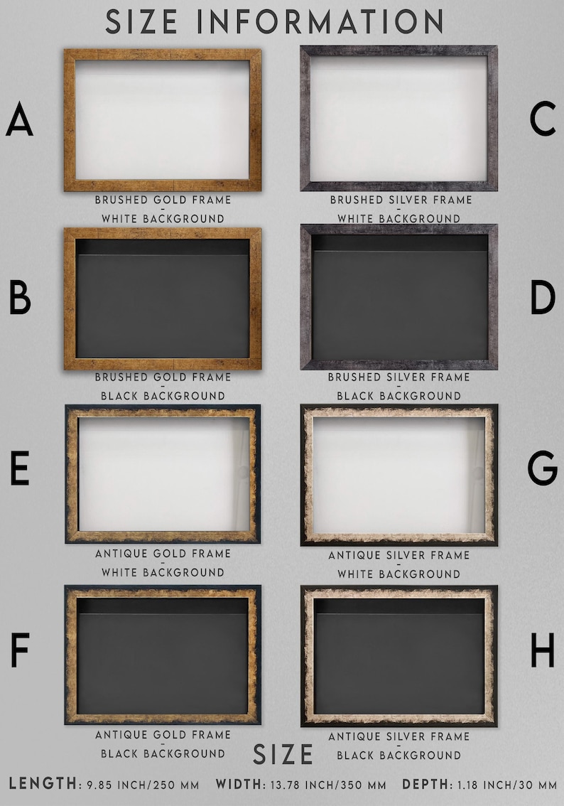 May include: A chart displaying eight rectangular frames labeled A through H, featuring brushed gold, brushed silver, antique gold, and antique silver finishes with white or black backgrounds. Dimensions are 9.85 inches by 13.78 inches by 1.18 inches.