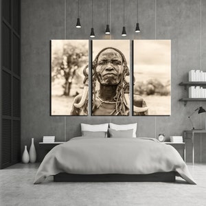 Omo Valley Ethiopia Traditional Man Portrait and His Traditional Clothes, Accessories, Natural Person Black and White Photography Canvas image 3