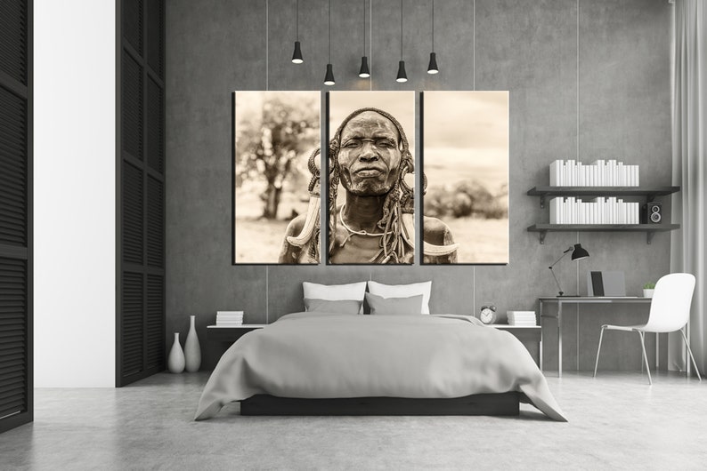 Omo Valley Ethiopia Traditional Man Portrait and His Traditional Clothes, Accessories, Natural Person Black and White Photography Canvas image 3