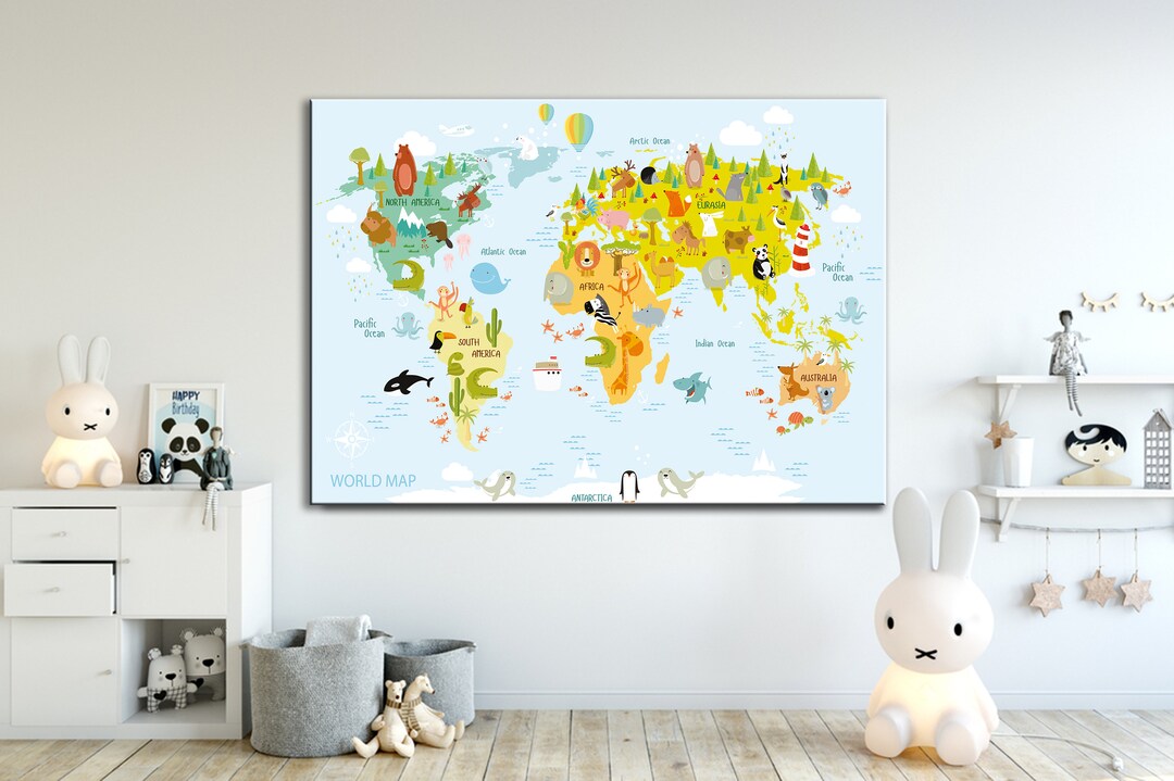 Colorful Kids Animal World Map Canvas Print, Gender Neutral Nursery ...