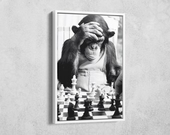 Monkey Playing Chess Canvas , Smart Monkey Canvas , Vintage Photo Print , Black - White Monkey Canvas, Wall Art Canvas , Thanksgiving Day