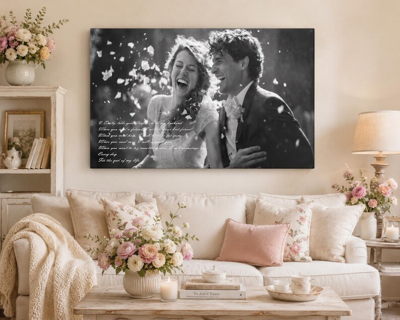 May include: A black and white rectangular canvas print featuring a laughing couple surrounded by falling petals. The text on the left side reads: I Emily, take you, my husband. When you need a friend, I will be your best friend. When you need hope, I will be there for you. When you need me, I will always be there. When you need to be something new, I will encourage you. Every day. You are the love of my life.