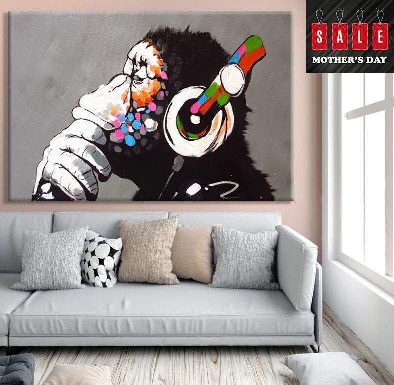 Banksy DJ Monkey Wall Art Poster Monkey with Headphones Canvas  Paintings Wall Art Picture for Living Room Home Decoration  50x90cm(20''x35'') Inner Frame : Everything Else