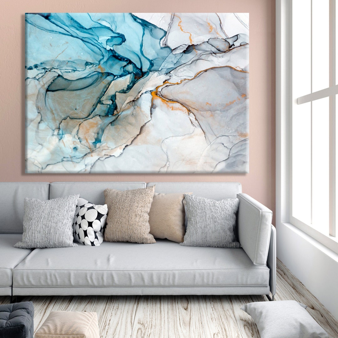 Golden Abstract Wall Art Grey Blue Golden Fluid Art Oil on Canvas ...