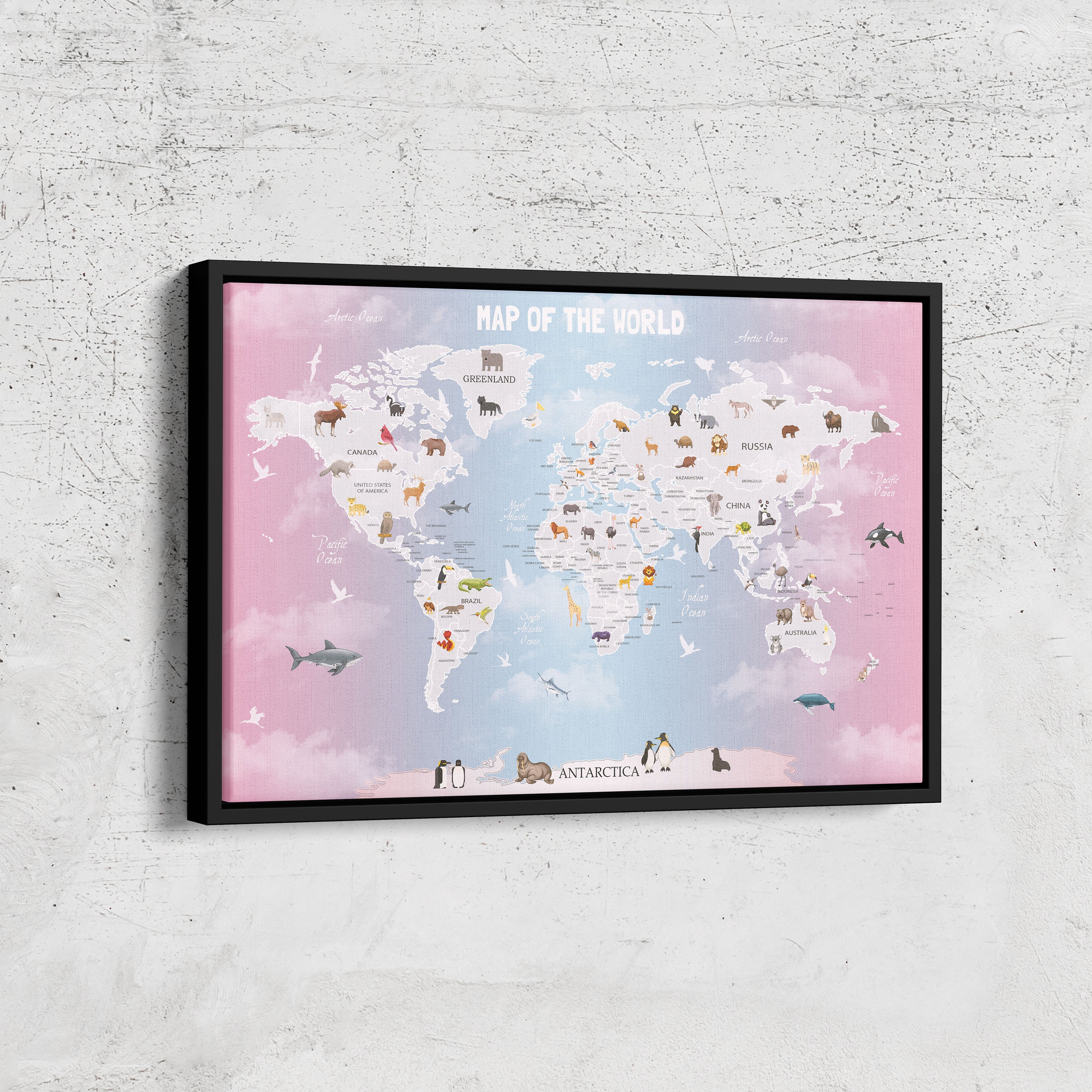 Animal World Map Canvas Print, Kids Nursery Wall Art - Etsy