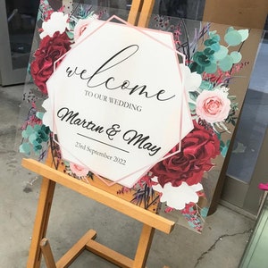 Red Flowers Acrylic Wedding Sign | Clear Acrylic Wedding Sign  | White Rose Acrylic Sign | Blush color Flowers Bridal Shower | Hen Do Sign