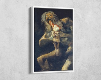 May include: A painting of a large, bearded figure with a gaping mouth, holding a smaller figure in its arms. The larger figure has a distressed expression, while the smaller figure appears to be screaming.