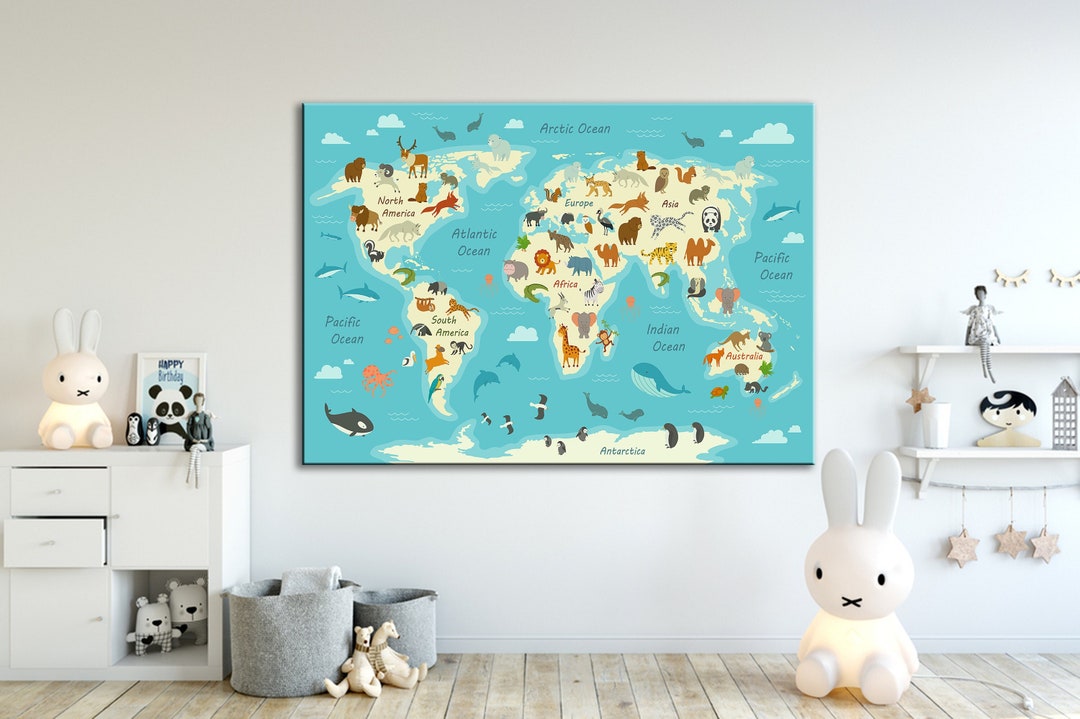 Animal World Map Canvas – Kids Nursery, Home School Decor - Etsy