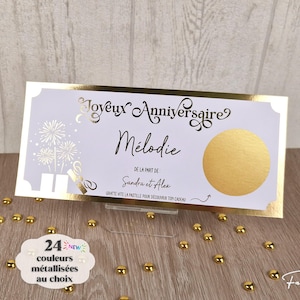 Ticket à gratter cadeau d'anniversaire ou autre occasion : naissance, diplôme, retraite, fête, surprise ... Carte à gratter personnalisée