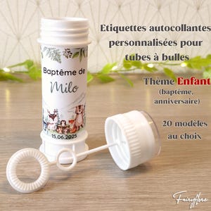 Etiquettes AUTOCOLLANTES personnalisées pour tubes à bulles de savon thème enfant baptême, baby shower communion anniversaire mariage cadeau