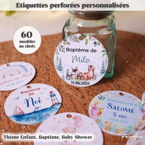 Etiquettes PERFORÉES personnalisées baptême, baby shower, anniversaire, communion, naissance, fête, cadeau dragées