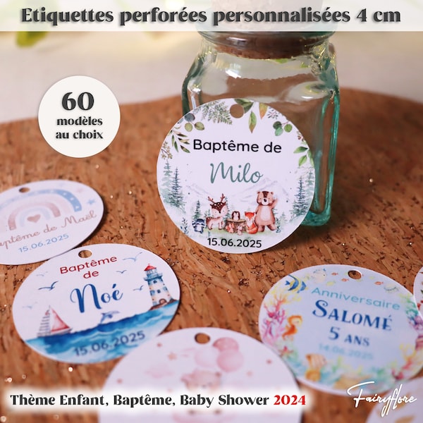 Etiquettes PERFORÉES personnalisées 4 cm baptême, baby shower, anniversaire, communion, naissance, fête, cadeau dragées