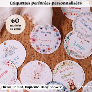Etiquettes personnalisées PERFORÉES baptême, baby shower, anniversaire, communion, naissance, fête, cadeau dragées