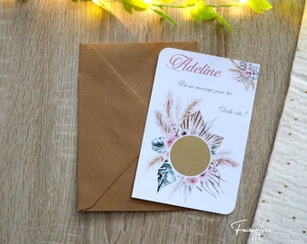 Carte à gratter personnalisée boho chic demande témoin mariage, demoiselle d'honneur, parrain marraine, baptême cérémonie annonce grossesse