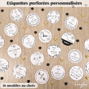 Etiquettes PERFORÉES personnalisées monochromes mariage baptême EVJF baby shower communion anniversaire fête cadeau