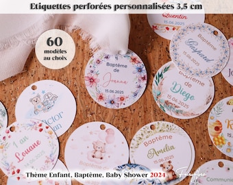 Etiquettes 3,5 cm personnalisées PERFORÉES baptême, baby shower, anniversaire, communion, naissance, fête, cadeau dragées