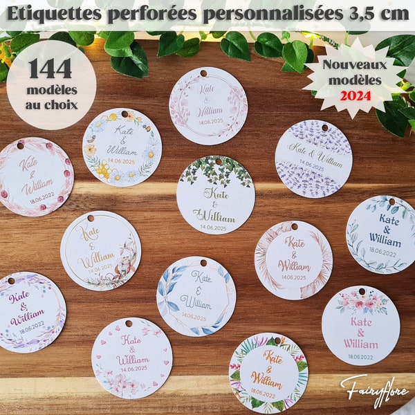 Etiquettes perforées personnalisées 3,5 cm mariage baptême EVJF baby shower communion anniversaire cadeau