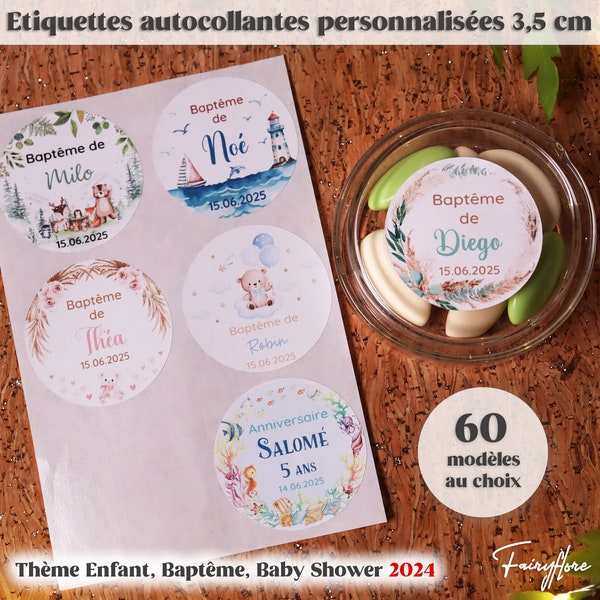 Etiquettes 3,5 cm AUTOCOLLANTES  personnalisées baptême, baby shower, anniversaire, communion, naissance, fête, cadeau dragées