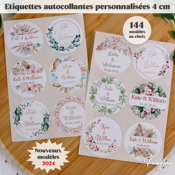 Etiquettes AUTOCOLLANTES personnalisées 4 cm mariage baptême naissance baby shower EVJF communion fête anniversaire cadeau dragées graines