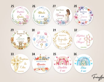 Etiquettes 3,5 cm personnalisées PERFORÉES baptême, baby shower, anniversaire, communion, naissance, fête, cadeau dragées