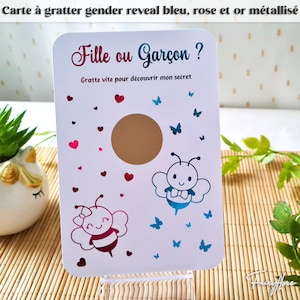 Carte à gratter métallisée abeilles annonce sexe bébé, gender reveal, naissance, baby shower, fille ou garçon