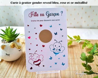 Carte à gratter métallisée abeilles annonce sexe bébé, gender reveal, naissance, baby shower, fille ou garçon