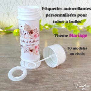 Etiquettes AUTOCOLLANTES personnalisées pour tube à bulles de savon, thème mariage, baptême EVJF baby shower communion anniversaire cadeau