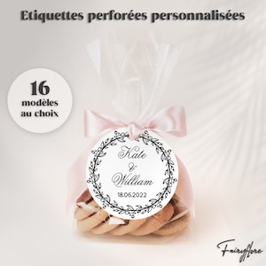 Etiquettes perforées personnalisées monochromes mariage baptême EVJF baby shower communion anniversaire fête cadeau