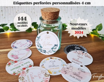 Etiquettes perforées personnalisées 4 cm mariage baptême baby shower communion EVJF anniversaire cadeau