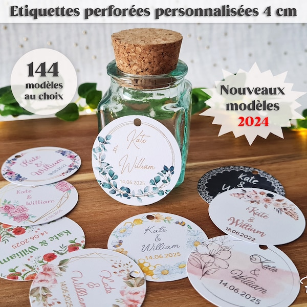 Etiquettes PERFORÉES personnalisées 4 cm mariage baptême baby shower communion EVJF anniversaire cadeau