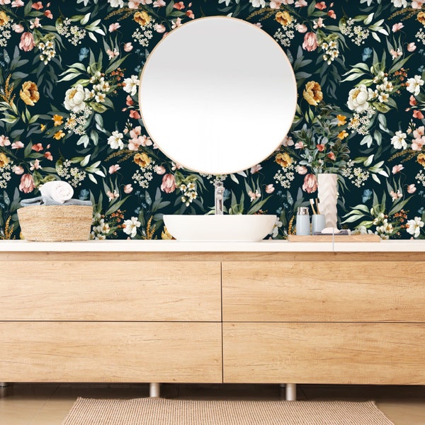 Dark Wallpaper, Floral Wallpaper - Green Wallpaper Peel and Stick, Flower Removable Wallpaper - Botanical Wallpaper Bedroom Kitchen # R290