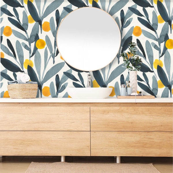 Rollo de papel tapiz floral de 5,5 m / Papel tapiz botánico de acuarela / Papel tapiz autoadhesivo de hojas azules y flores amarillas n.° R31