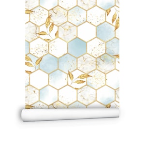 Geometric Wallpaper, Hexagon Honeycomb Leaf Wallpaper Roll | Modern Abstract Wallpaper Peel and Stick, White Blue Gold Wallpaper # R116