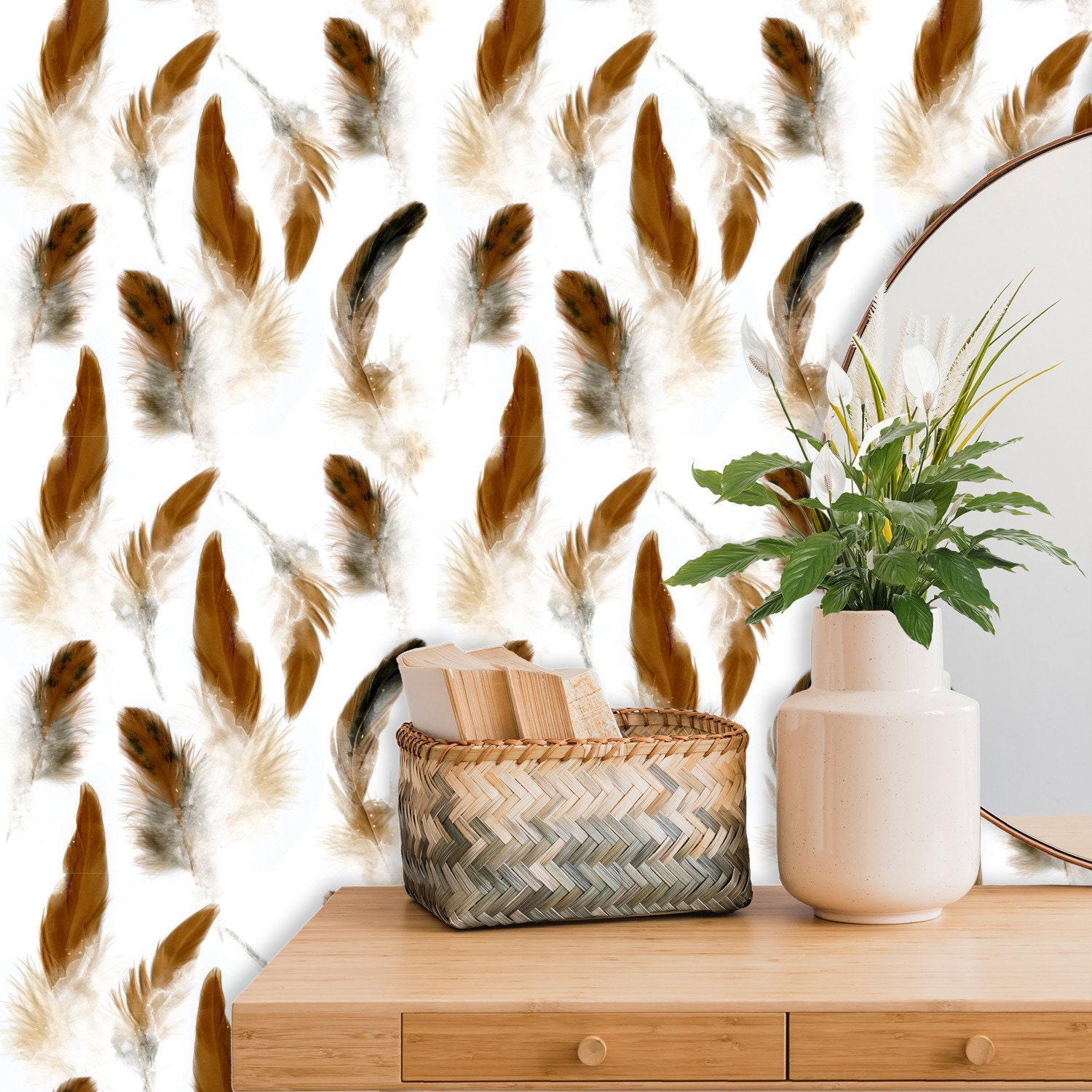 18-ft Wallpaper Roll Brown Feather Wallpaper Watercolor 3D - Etsy