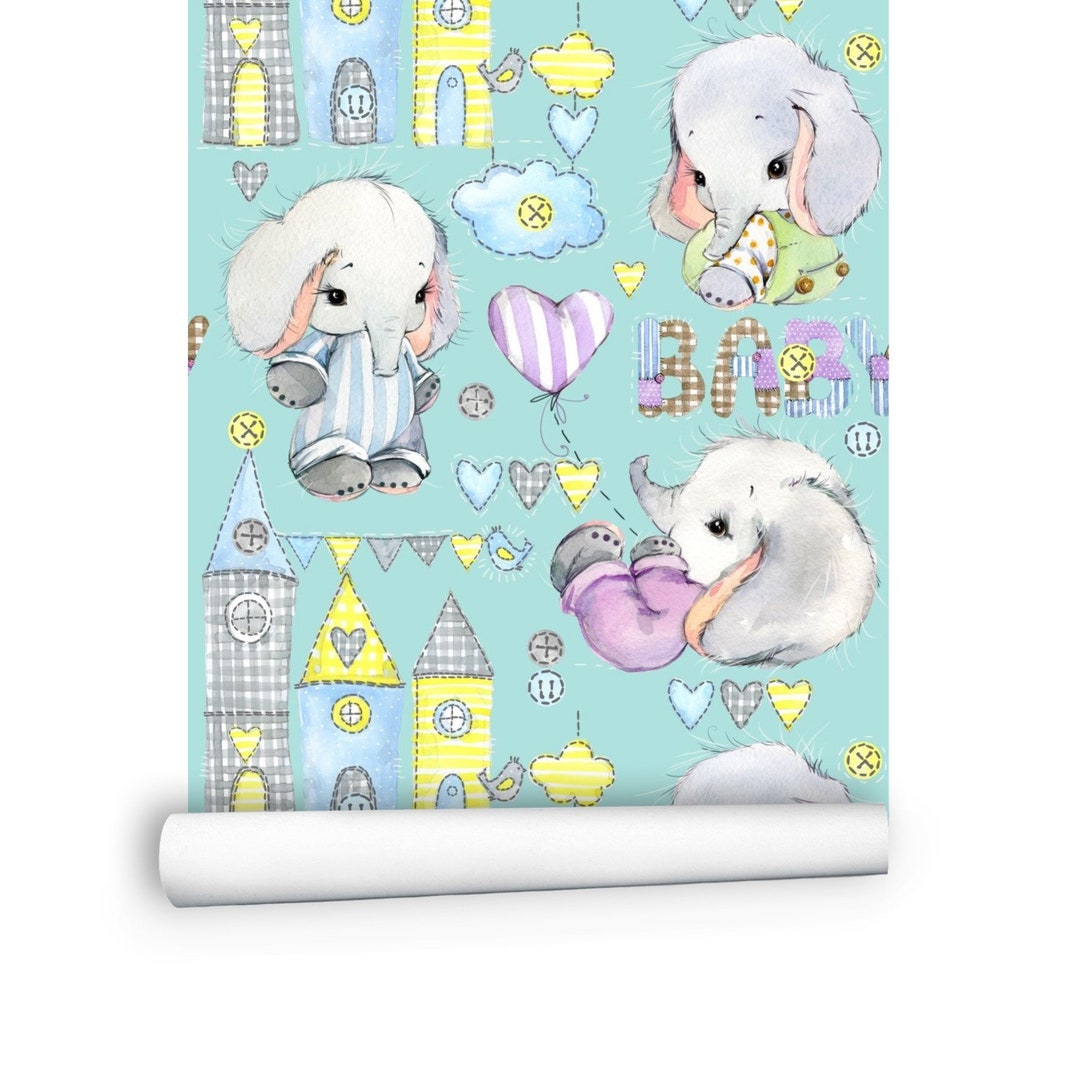 Blue Elephant Wallpaper, Animal Castle Wallpaper for Girls Boys Kids