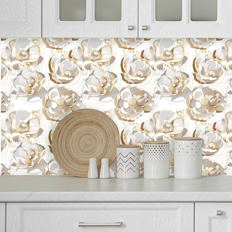 18ft Floral Wallpaper Roll White Gold Flowers Wallpaper Etsy