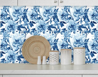Flower Wallpaper, Blue Wallpaper Peel and Stick - Floral Adhesive Wallpaper, Botanical Removable Wallpaper - Watercolor Wallpaper # R206