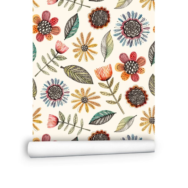 Botanical Ditsy Floral Wallpaper Roll, Flower Wall Art | Wildflowers Wallpaper Peel and Stick, Girls Leaf Removable Wallpaper Nursery # R108