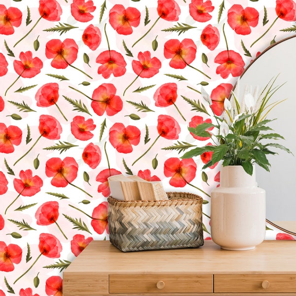 Poppy Floral Wallpaper Peel and Stick, Flower Removable Wallpaper - Self Adhesive Wallpaper for Living Room Bedroom Kitchen Bathroom R356