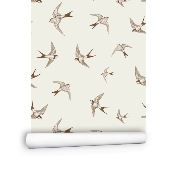 Papier peint oiseau, papier peint moderne Peel and Stick - Papier peint auto-adhésif beige, papier peint de cuisine - Papier peint amovible de chambre # R250