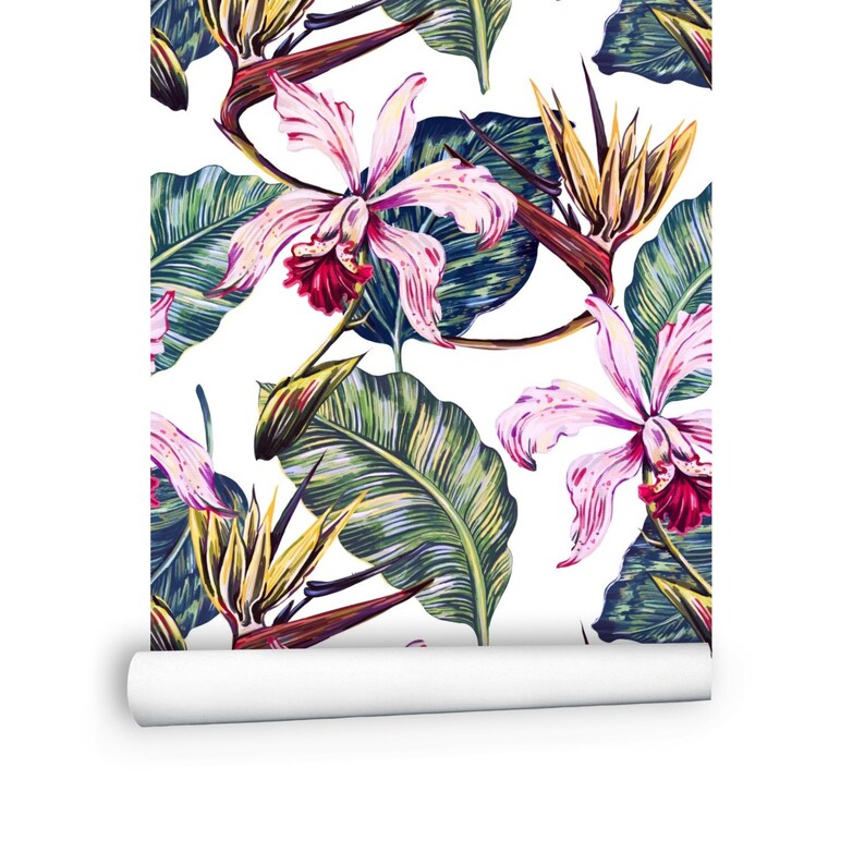 Palm Leaves and Tropical Flowers Peel and Stick Wallpaper Etsy