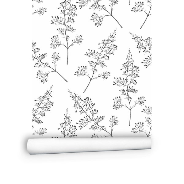 Floral Wallpaper, Black and White Wallpaper Peel and Stick - Modern Wallpaper, Flower Wallpaper - Botanical Removable Wallpaper # R238