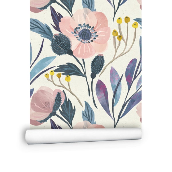 Large Floral Wallpaper, Botanical Wallpaper | Wallpaper Peel and Stick, Temporary Wallpaper | Nursery Wallpaper | Colorful Wallpaper #R80