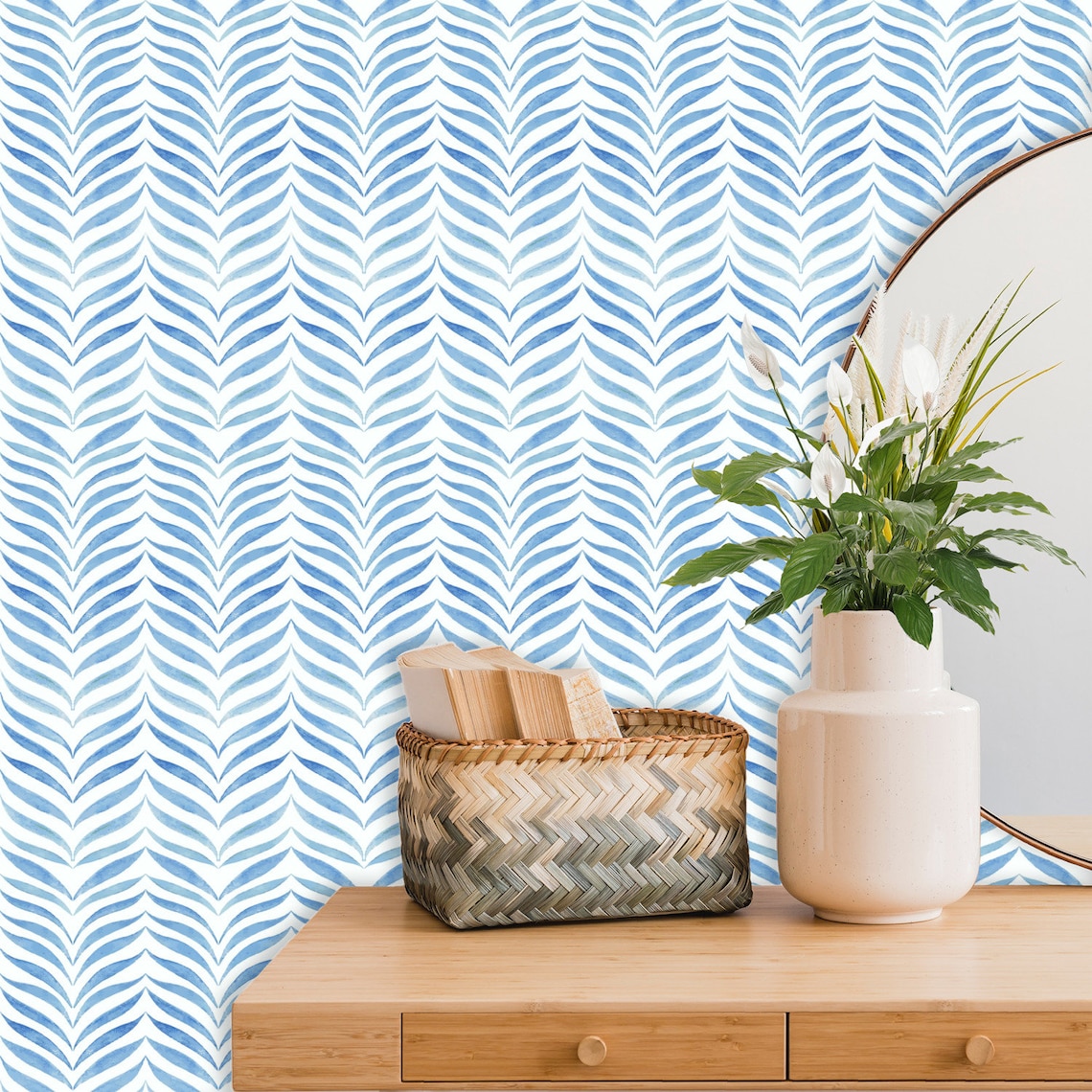 Chevron Geometric Wallpaper Blue and White Herringbone Etsy