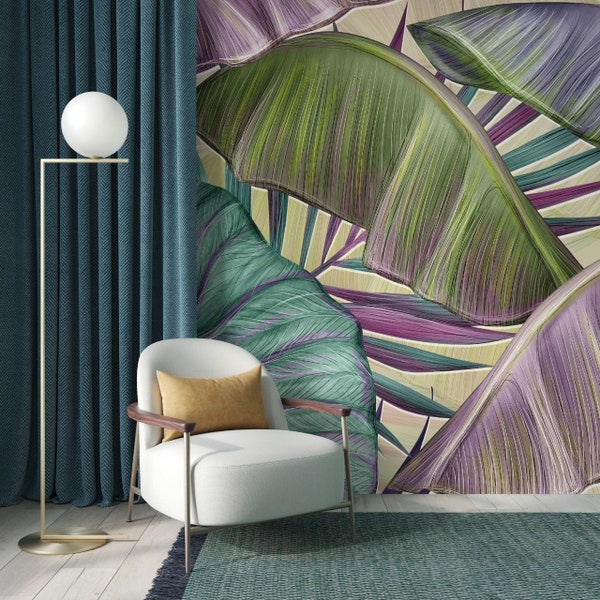 Tropical Wallpaper, Banana Leaf Wallpaper - Green and Purple Botanical Wallpaper, Plant Wallpaper Peel and Stick with  Exotic Print # R86