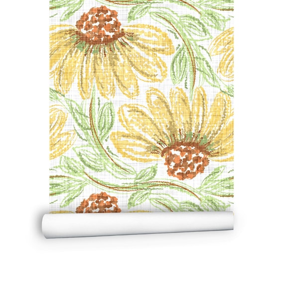Botanical Sunflower Wallpaper Yellow Green Flower Wall Art - Etsy